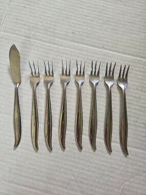Vintage Starette Starburst Atomic Stainless Steel Cocktail Forks Set of 7 +knife